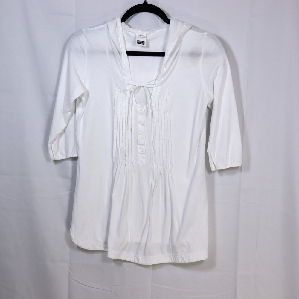 European Culture Hooded Blouse Medium White Womens Pintuck Henley Top